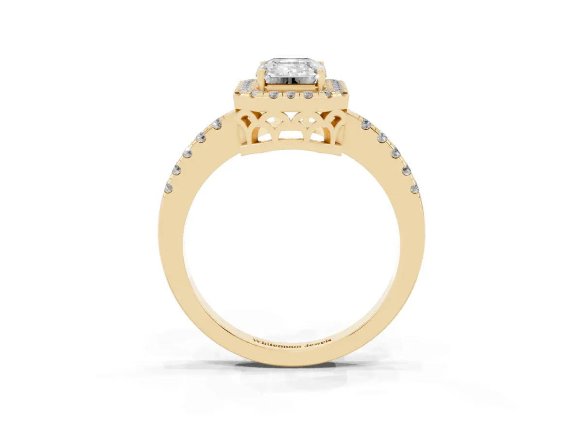 Emerald Cut Halo Diamond Engagement Ring with Pavé Band and Four-Prong Setting Yellow gold