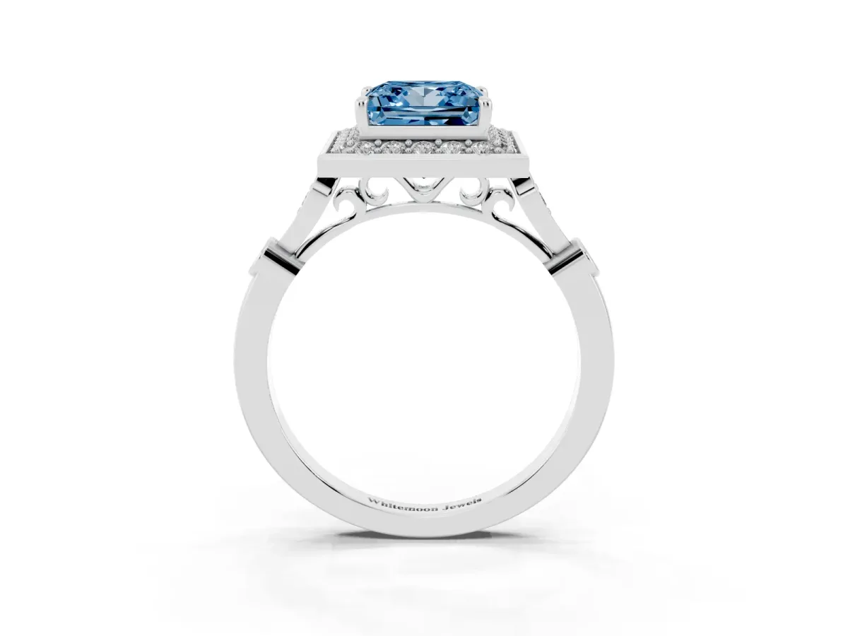 Fancy Blue Princess Cut Halo Diamond Engagement Ring with Twisted Band and Four-Prong Setting Platinum