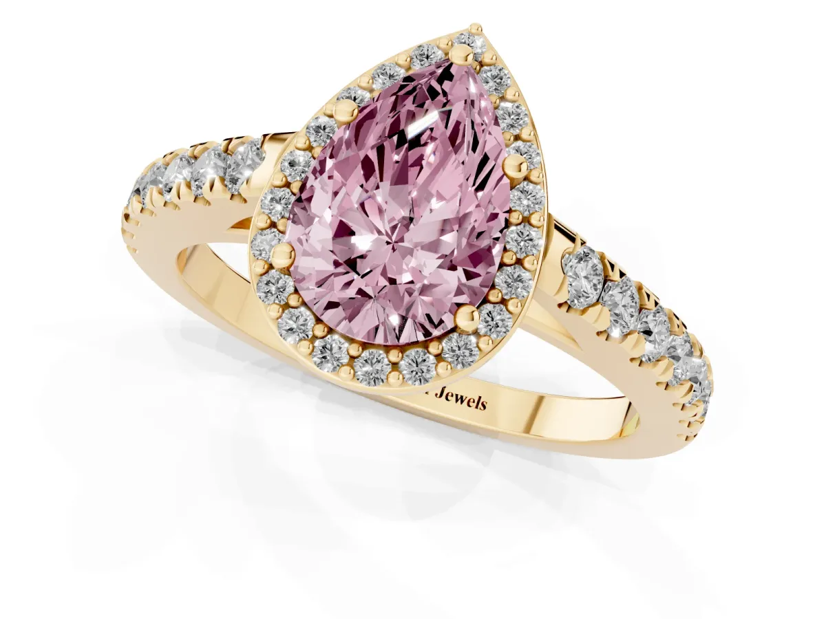 Fancy Pink Pear Cut Cut Halo Diamond Engagement Ring with Pave Band and Four-Prong Setting Yellow gold