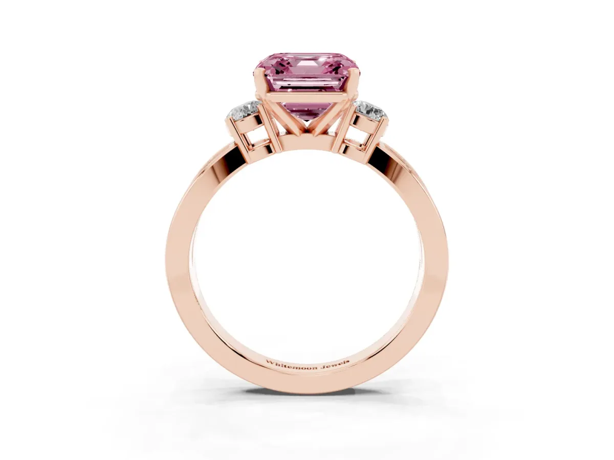 Fancy Pink Three-Stone Asscher Cut Cut Diamond Twist Band with Prong Setting Rose gold