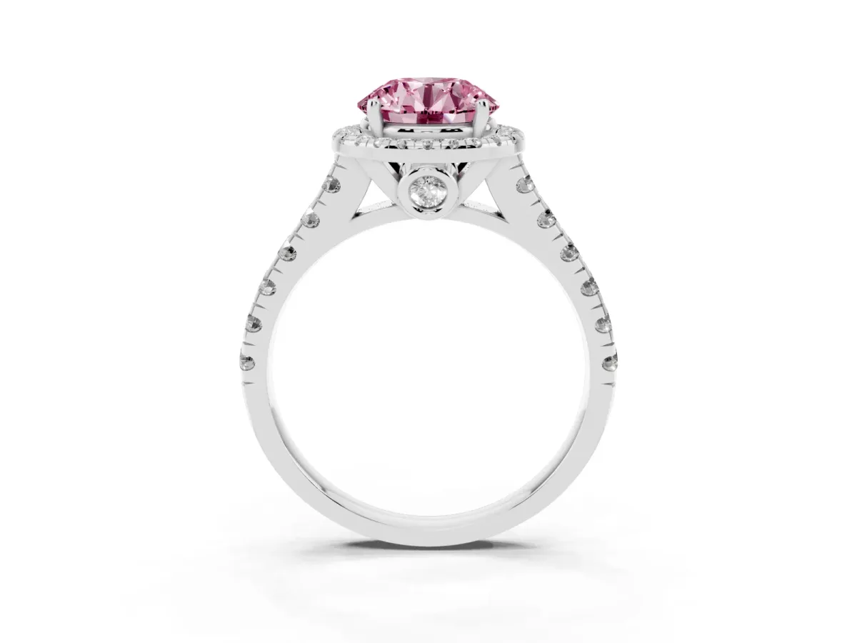 Fancy Pink Round Cut Halo Pavé Diamond Engagement Ring with Four-Prong Setting Platinum