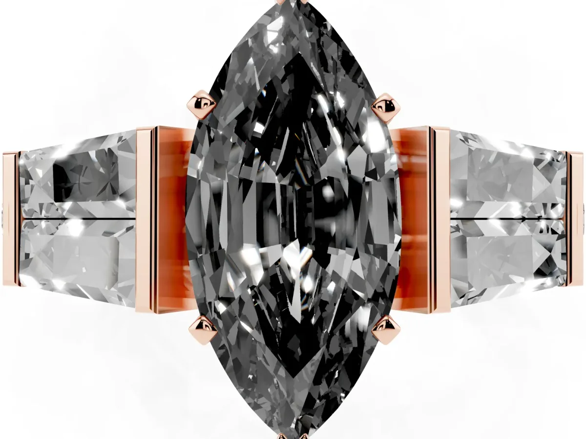 Fancy Black Marquise Cut Diamond Engagement Ring with Baguette Side Stones and Channel Set Band Rose gold