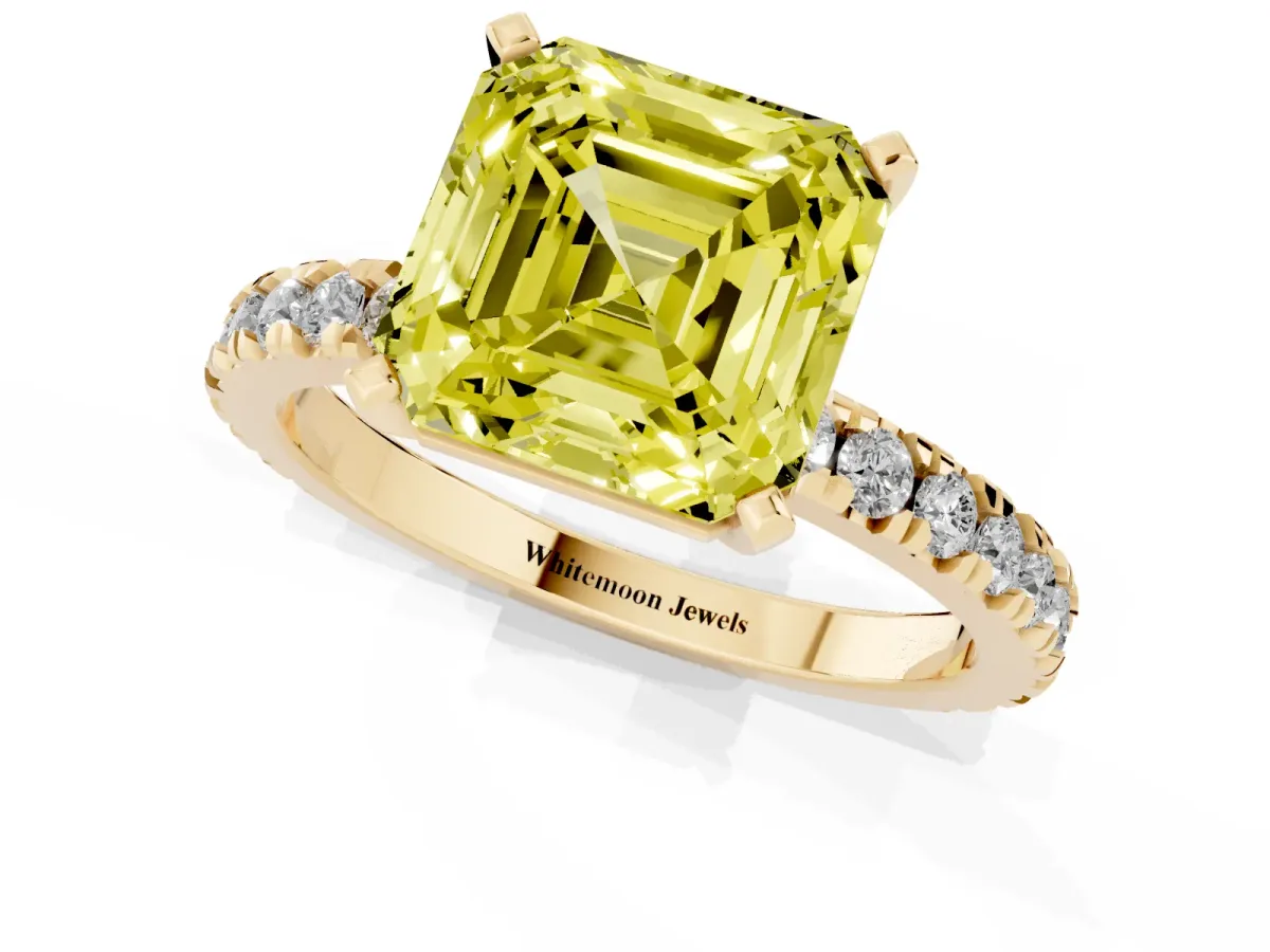 Fancy Yellow Asscher Cut Diamond Pavé Band Solitaire with Four-Prong Setting Yellow gold