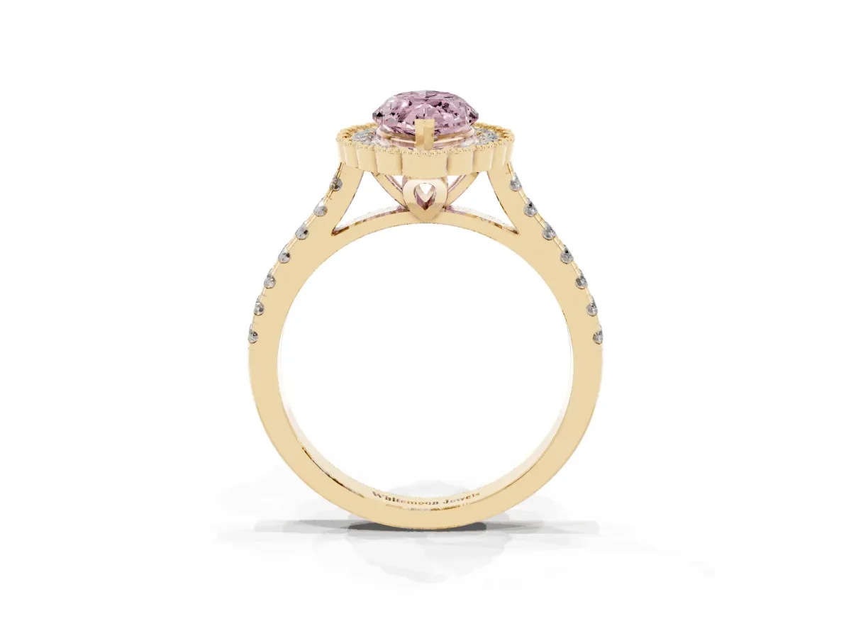 Fancy Pink Marquise Cut Cut Diamond Milgrain Floral Halo Engagement Ring with Pavé Band Yellow gold