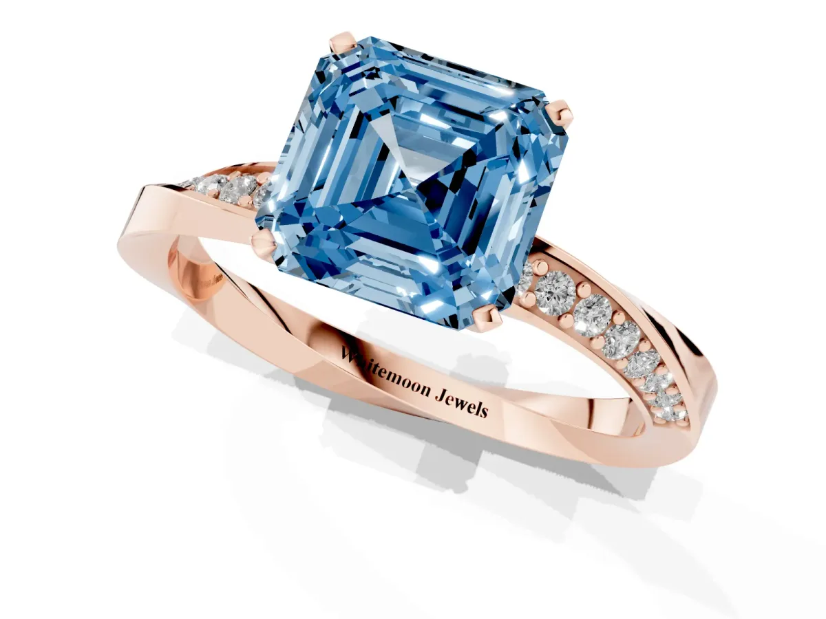 Fancy Blue Asscher Cut Diamond Engagement Ring with Side Stone Accents and Four-Prong Setting Rose gold
