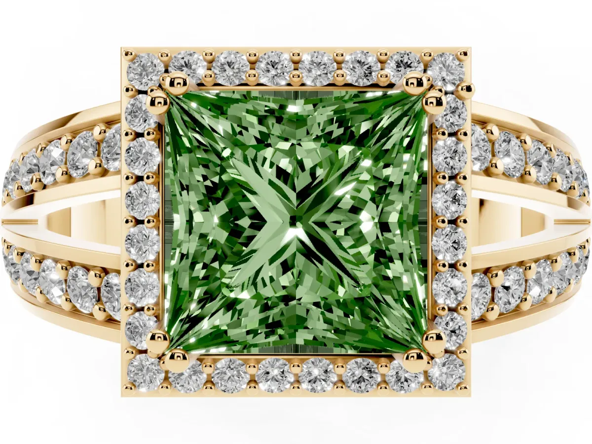Fancy Green Princess Cut Diamond Halo Ring with Split Shank Pavé Band and Four-Prong Setting Yellow gold