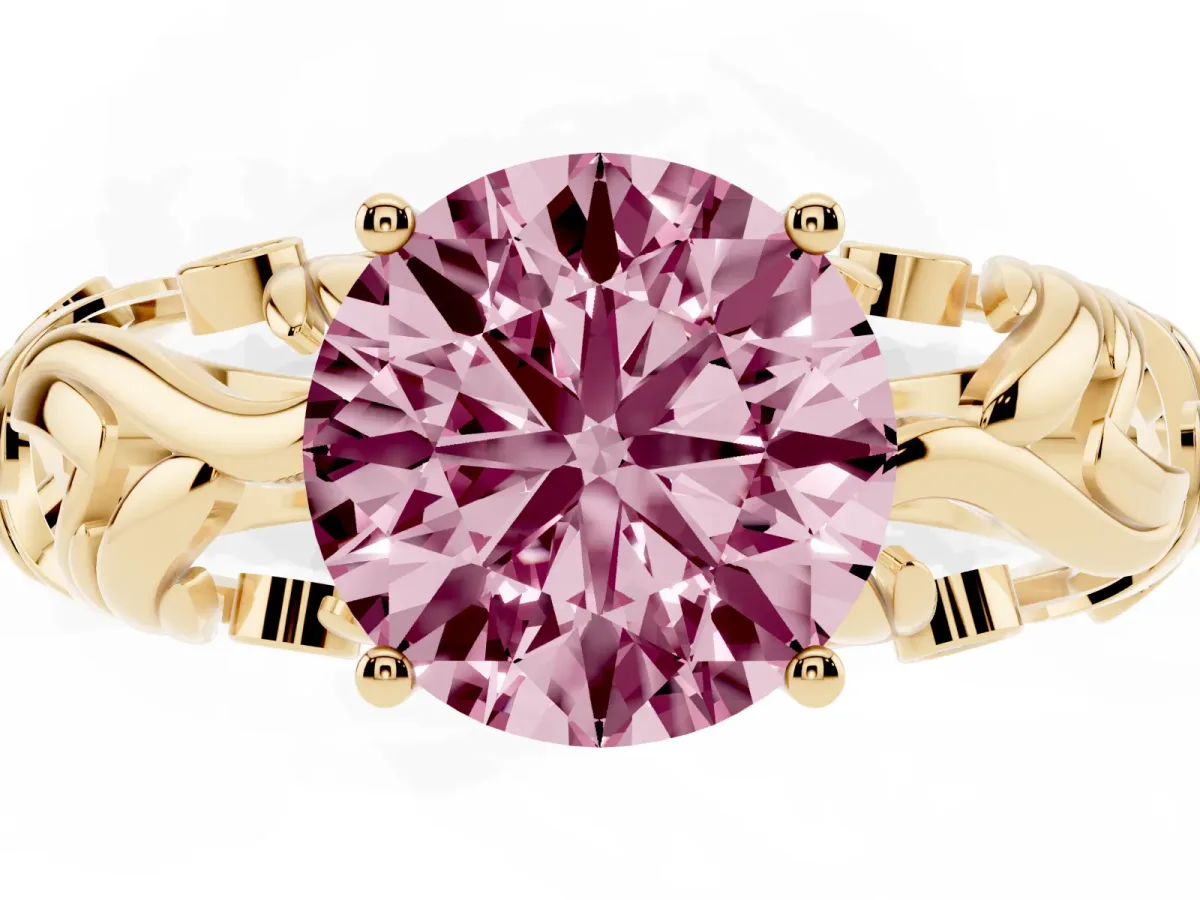 Fancy Pink Round Cut Solitaire Diamond Leaf-Inspired Vine Band Ring with Prong Setting Yellow gold