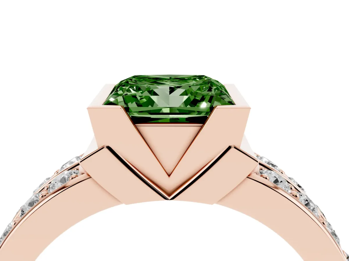 Fancy Green Princess Cut Brilliant Diamond Channel Set Wide Band Ring with Bezel Setting Rose gold