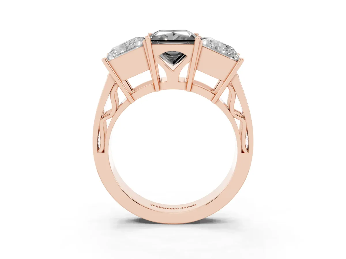 Fancy Black Princess Cut Diamond Three-Stone Ring with Prong Setting and Textured Band Rose gold