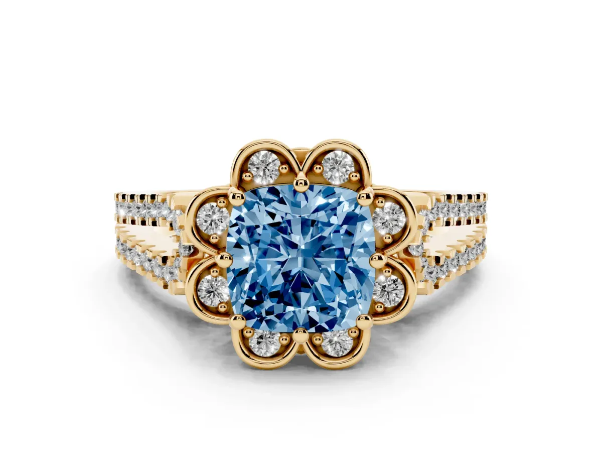 Fancy Blue Cushion Cut Halo Diamond Floral Split Shank Engagement Ring Yellow gold