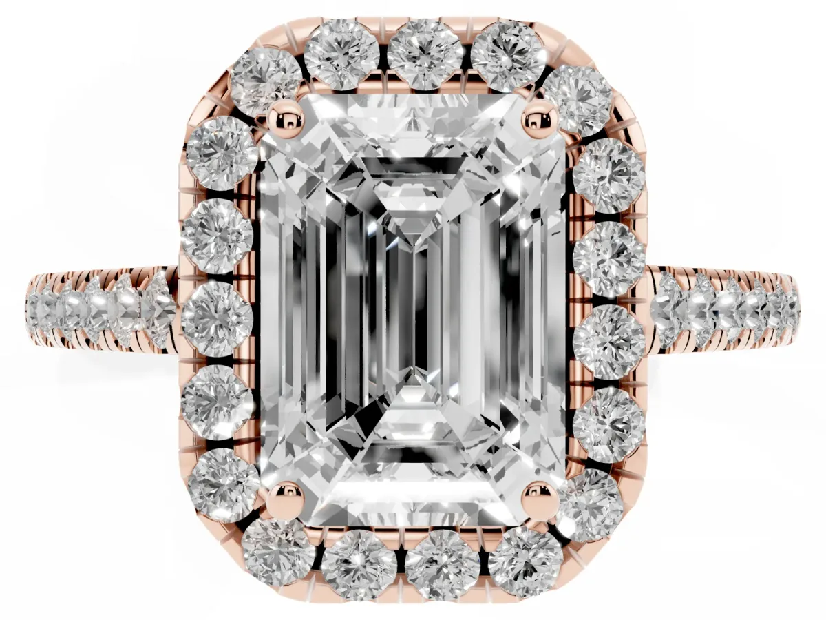 Emerald Cut Halo Pave Diamond Engagement Ring with Four-Prong Setting Rose gold