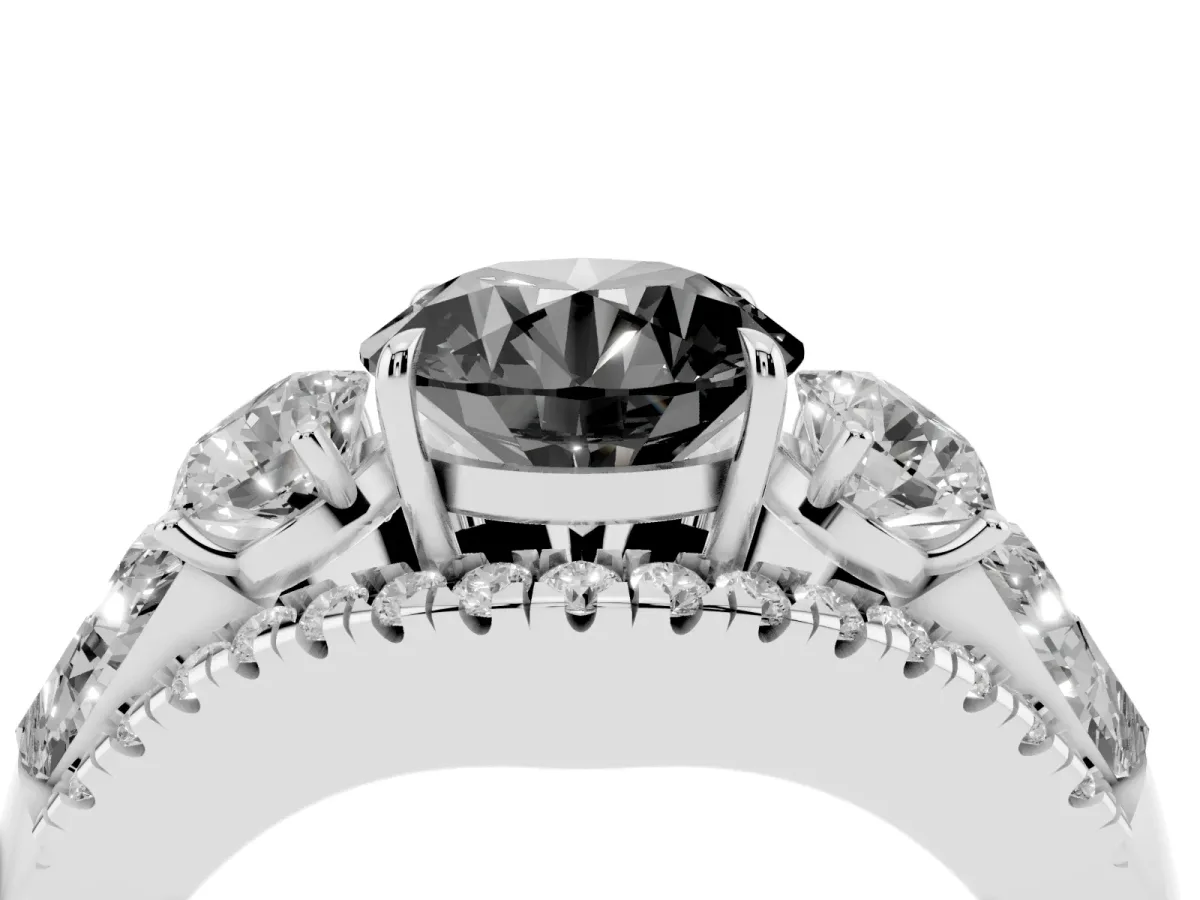 Fancy Black Three-Stone Round Cut Diamond Engagement Ring with Pave Band and Prong Setting Silver