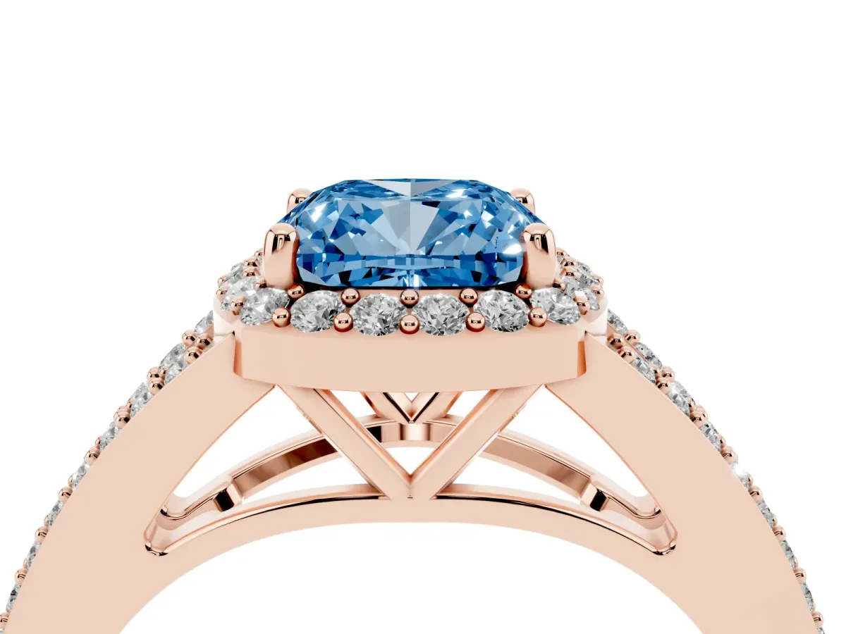 Fancy Blue Cushion Cut Halo Split Shank Pave Diamond Ring with Four-Prong Setting Rose gold