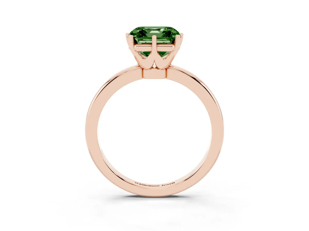 Fancy Green Asscher Cut Solitaire Diamond Ring with Six-Prong Setting on a Classic Band Rose gold