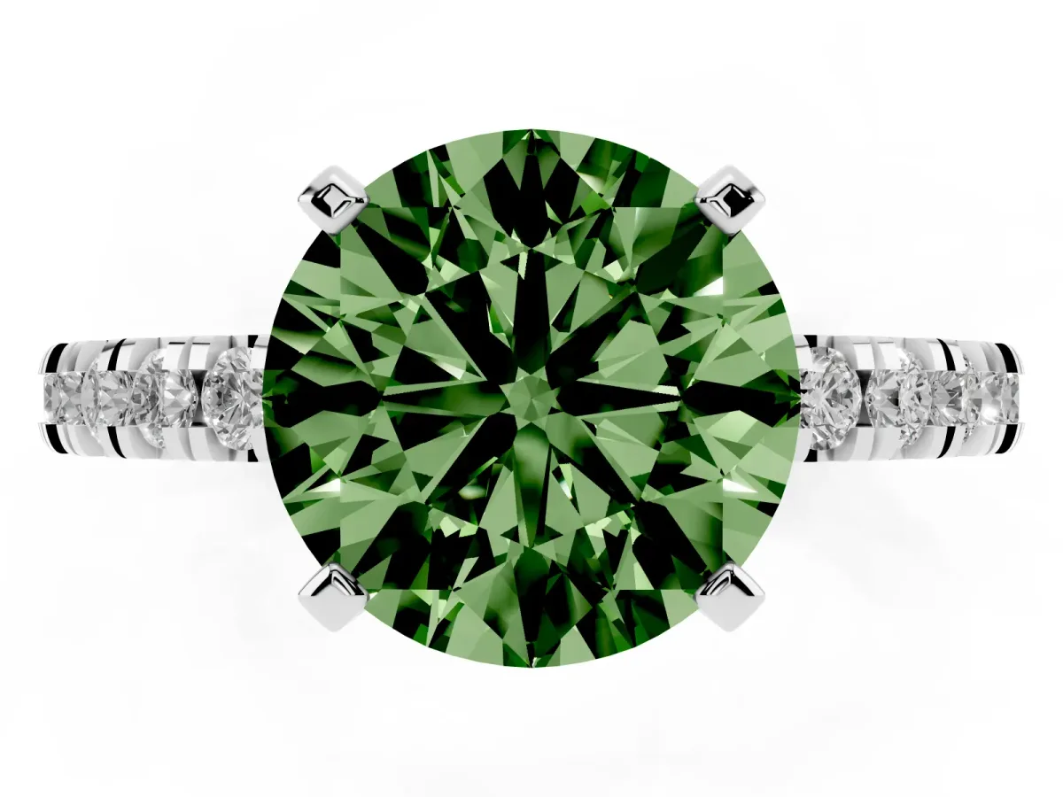 Fancy Green Round Cut Diamond Pavé Band Solitaire with Four-Prong Setting Silver