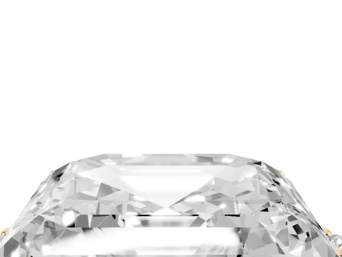 Asscher Cut Cut Three-Stone Solitaire Ring with Round Accent Diamonds and Four-Prong Setting Yellow gold
