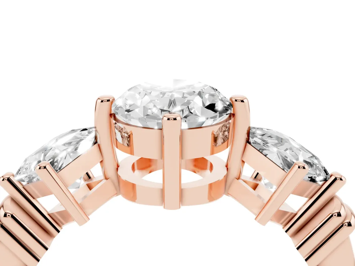 Three-Stone Oval Cut and Princess Cut Diamond Ring with Channel Band and Four-Prong Setting Rose gold