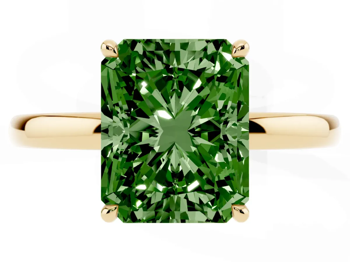 Fancy Green Radiant Cut Solitaire Engagement Ring with Cathedral Band and Four-Prong Setting Yellow gold