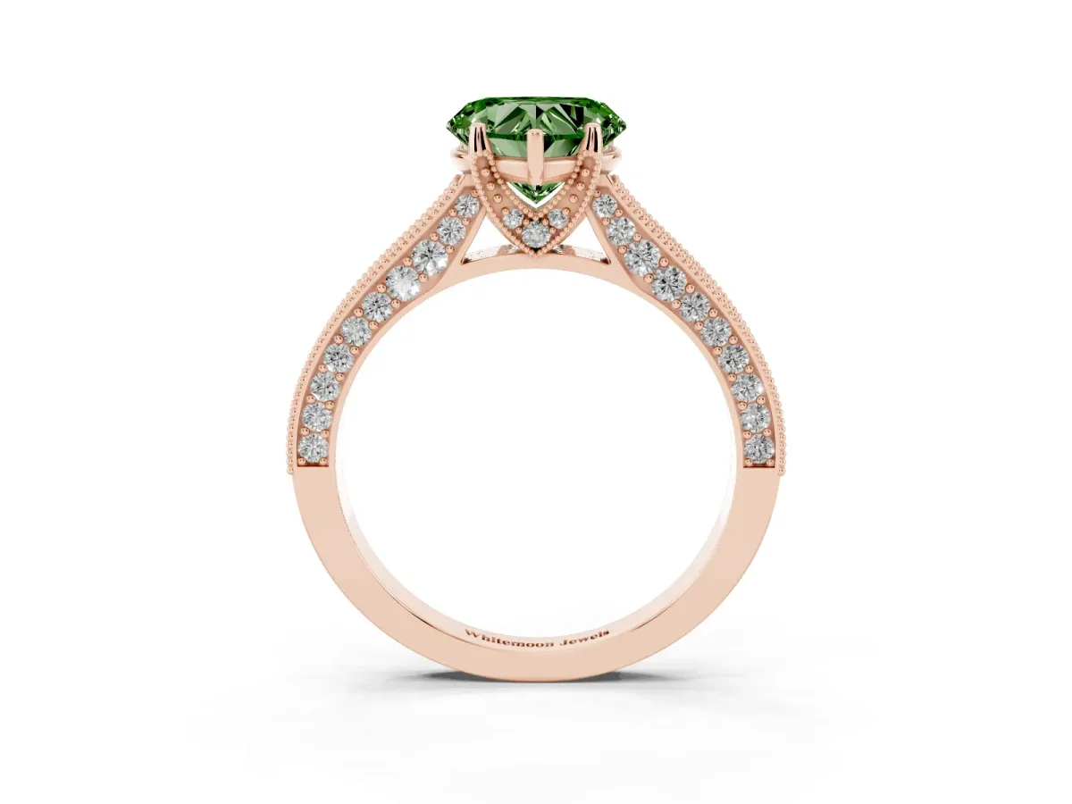 Fancy Green Heart Cut Cut Diamond Solitaire Ring with Milgrain Pave Band and Four Prong Setting Rose gold