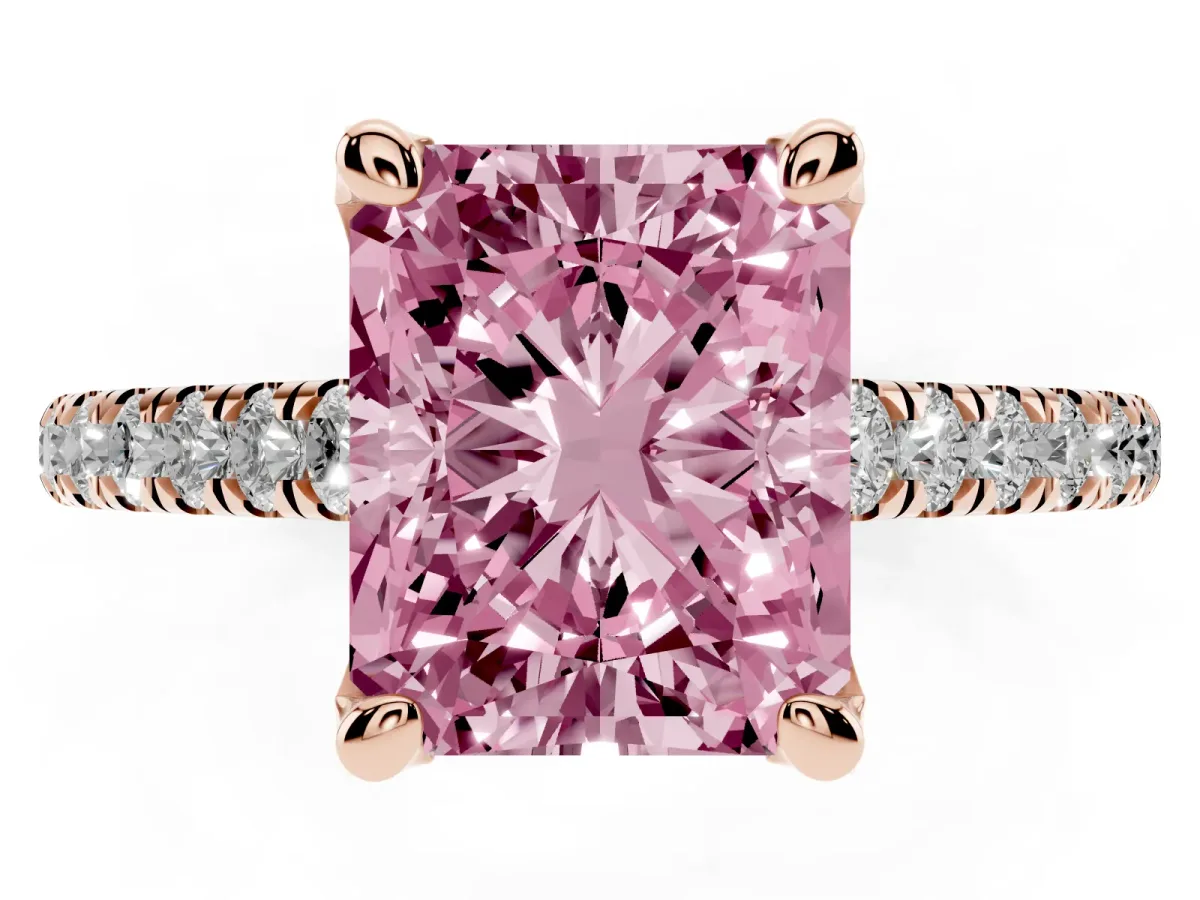 Fancy Pink Radiant Cut Brilliant Diamond Solitaire with Pavé Band and Four-Prong Setting Rose gold