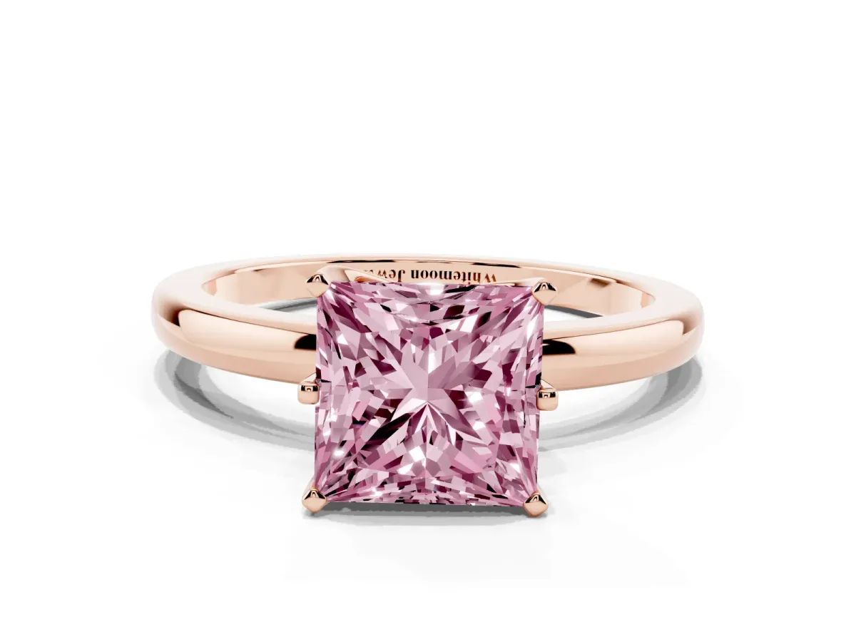 Fancy Pink Princess Cut Solitaire Diamond Ring with Six-Prong Setting on a Classic Band Rose gold