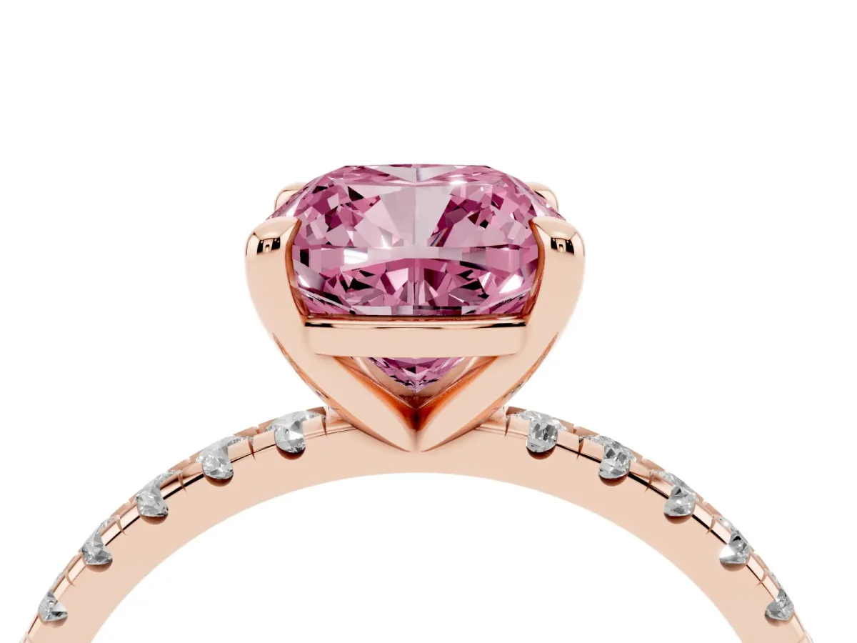 Fancy Pink Cushion Cut Diamond Brilliant Solitaire Ring with Pavé Band and Four-Prong Setting Rose gold
