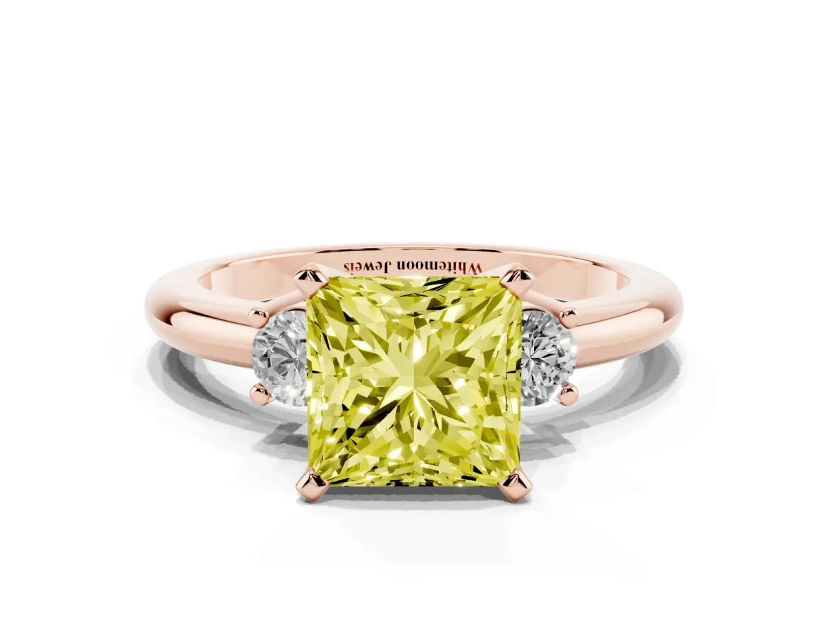 Fancy Yellow Three-Stone Princess Cut Cut Diamond Solitaire with Prong Setting and Classic Band Rose gold