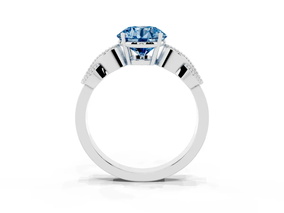 Fancy Blue Round Cut Solitaire Milgrain Leaf Band with Prong Setting Silver