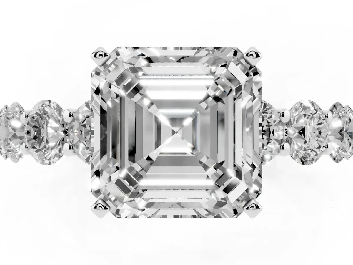 Asscher Cut Diamond Prong Setting with Side Stones on a Pave Band Silver