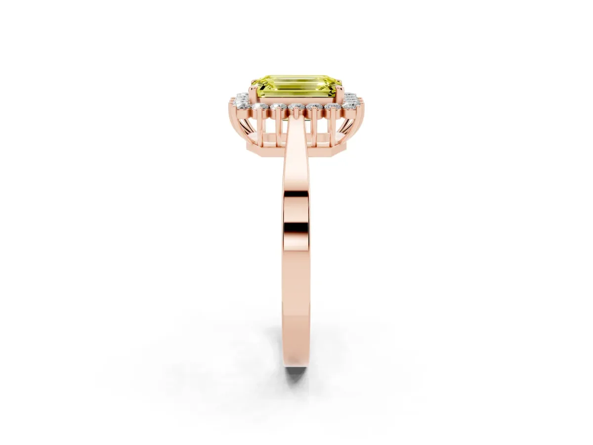 Fancy Yellow Emerald Cut Cut Diamond Halo Ring with Round Brilliant Halo and Solitaire Band Rose gold
