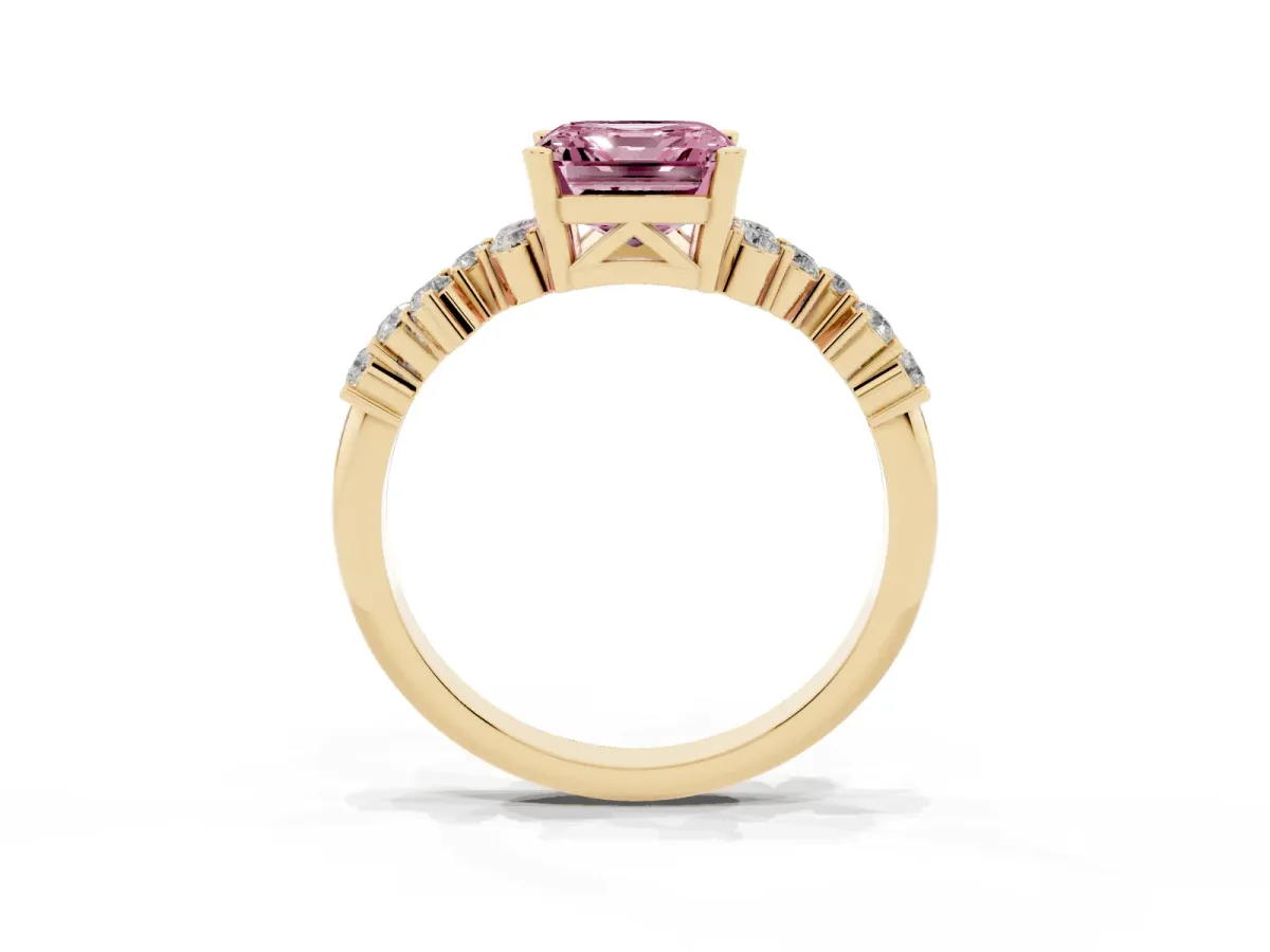 Fancy Pink Asscher Cut Diamond Scattered Round Accent Ring with Prong Setting Yellow gold