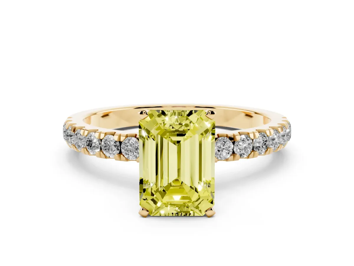 Fancy Yellow Emerald Cut Diamond Solitaire Ring with Pavé Accents and Four-Prong Setting Yellow gold