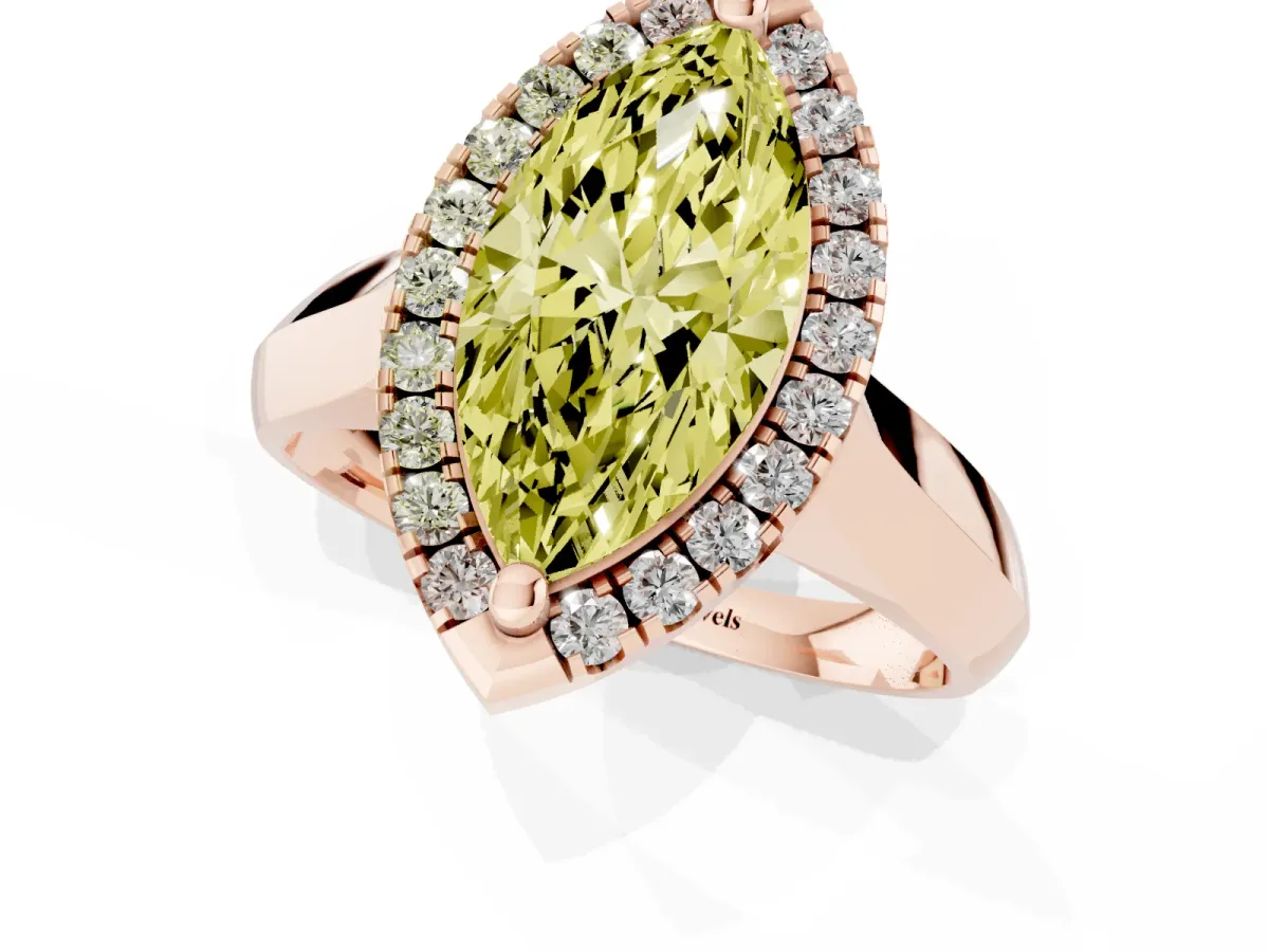 Fancy Yellow Marquise Cut Cut Halo Solitaire Engagement Ring with Square Band and Four-Prong Setting Rose gold