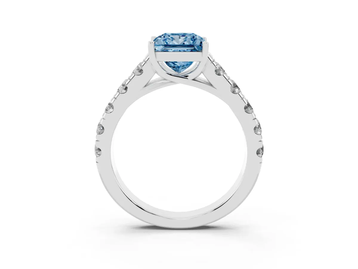 Fancy Blue Princess Cut Cut Diamond Solitaire Ring with Micro Pave Band and Prong Setting Silver