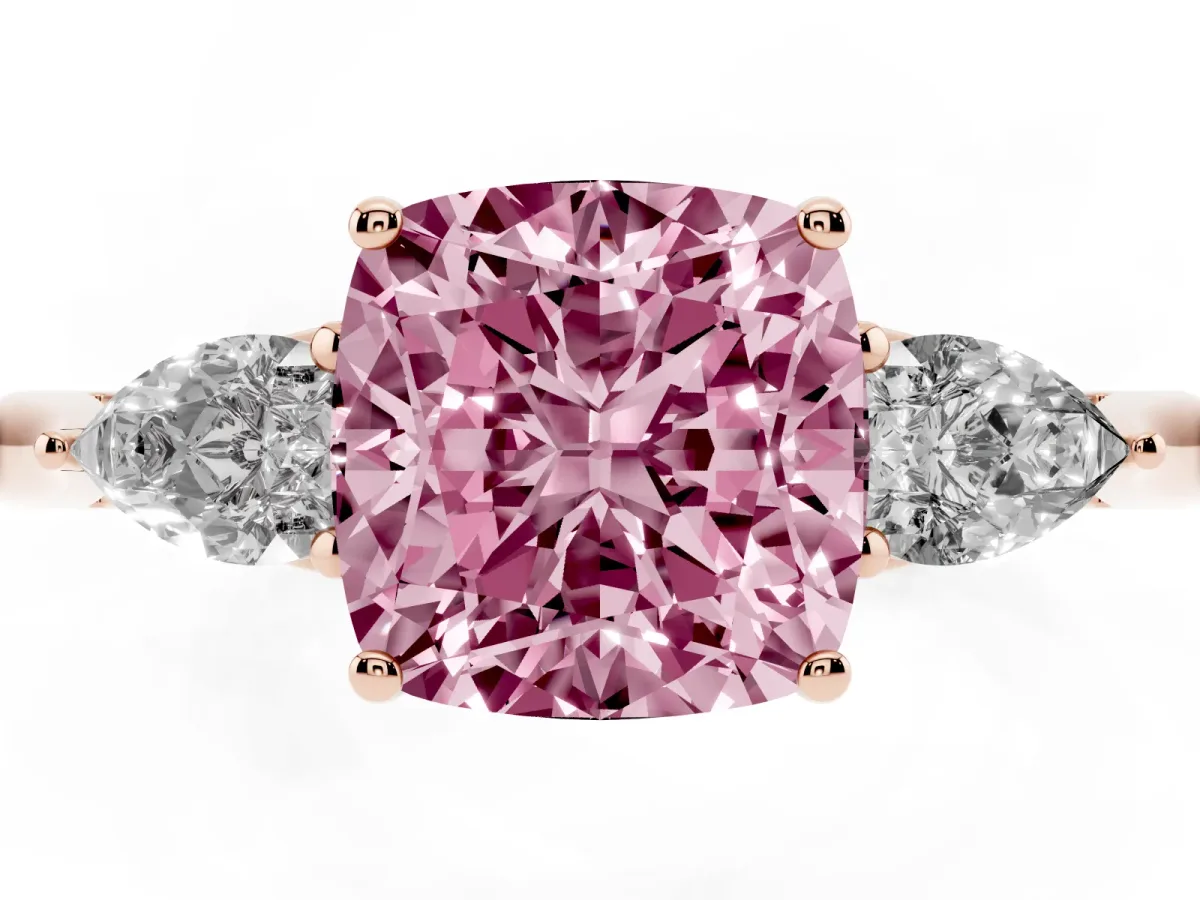 Fancy Pink Three-Stone Cushion Cut Brilliant Diamond Solitaire Ring with Tapered Band and Four-Prong Setting Rose gold