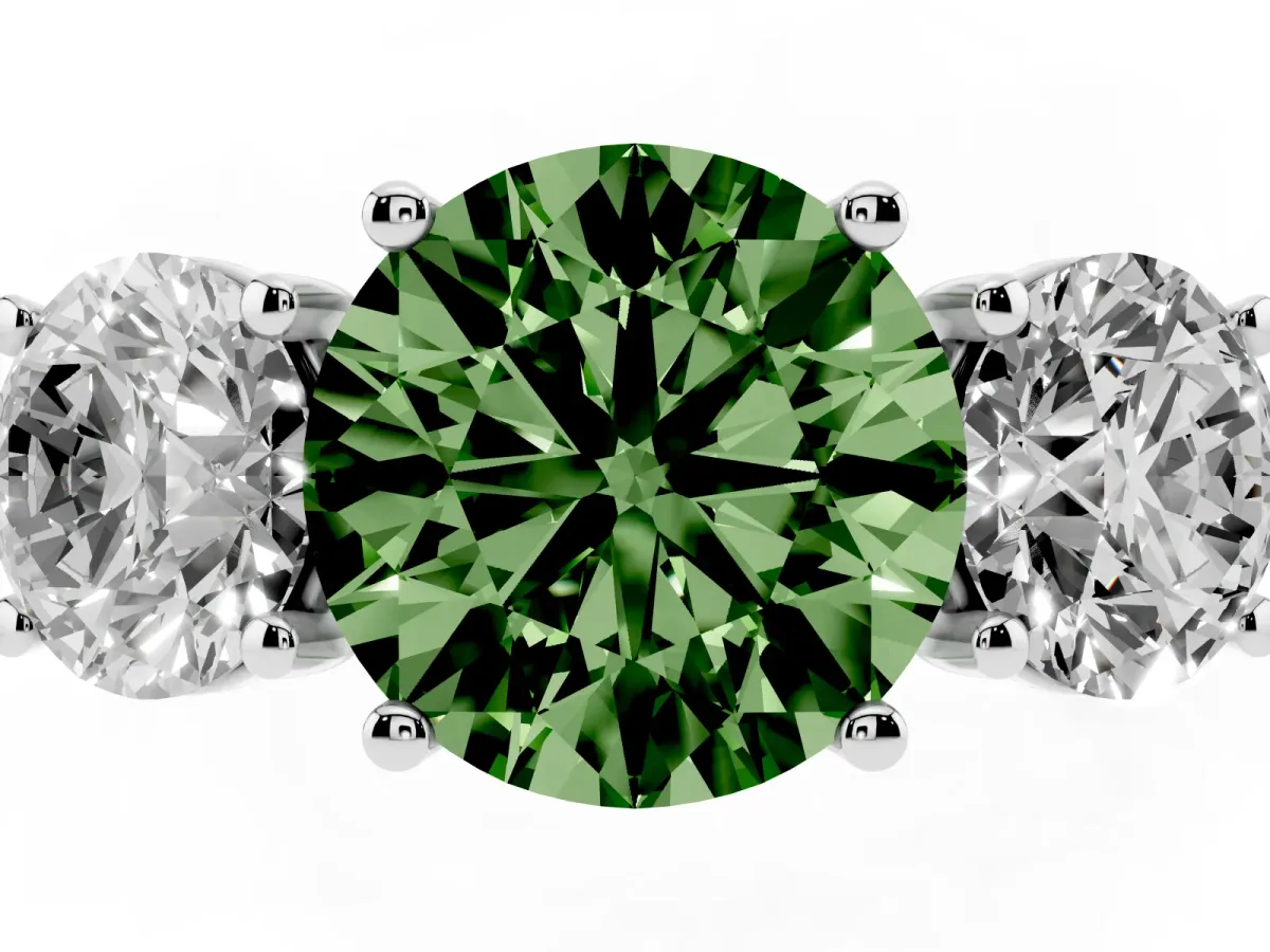 Fancy Green Three-Stone Round Cut Diamond Ring with Round Pavé Band and Prong Setting Silver