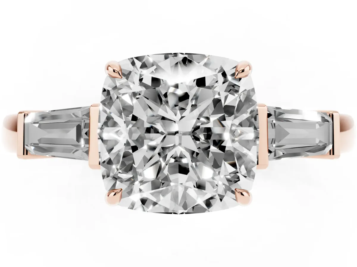 Cushion Cut Diamond Three-Stone Ring with Tapered Baguette Side Stones and Prong Setting Rose gold