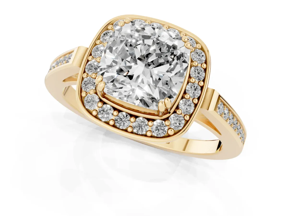 Cushion Cut Diamond Halo Ring with Split Shank and Four-Prong Setting Yellow gold