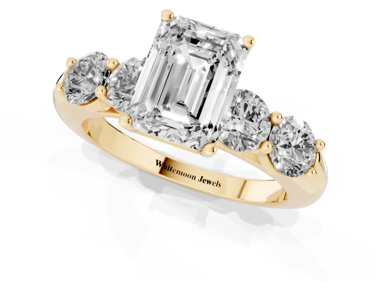 Emerald Cut Cut Five-Stone Prong Set Diamond Ring with Classic Band Yellow gold