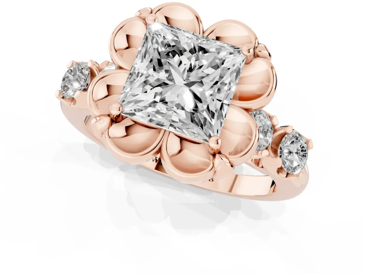 Princess Cut Cut Diamond Floral Halo Engagement Ring with Shared Prong Setting Rose gold