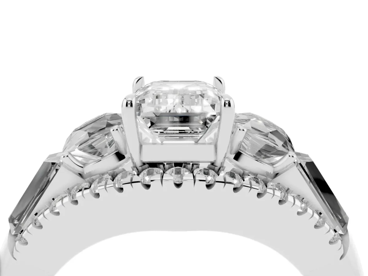 Three-Stone Emerald Cut Diamond Engagement Ring with Pave Band and Prong Setting Silver