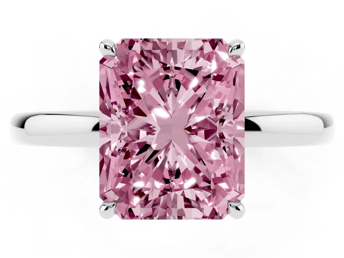Fancy Pink Radiant Cut Solitaire Engagement Ring with Cathedral Band and Four-Prong Setting White gold