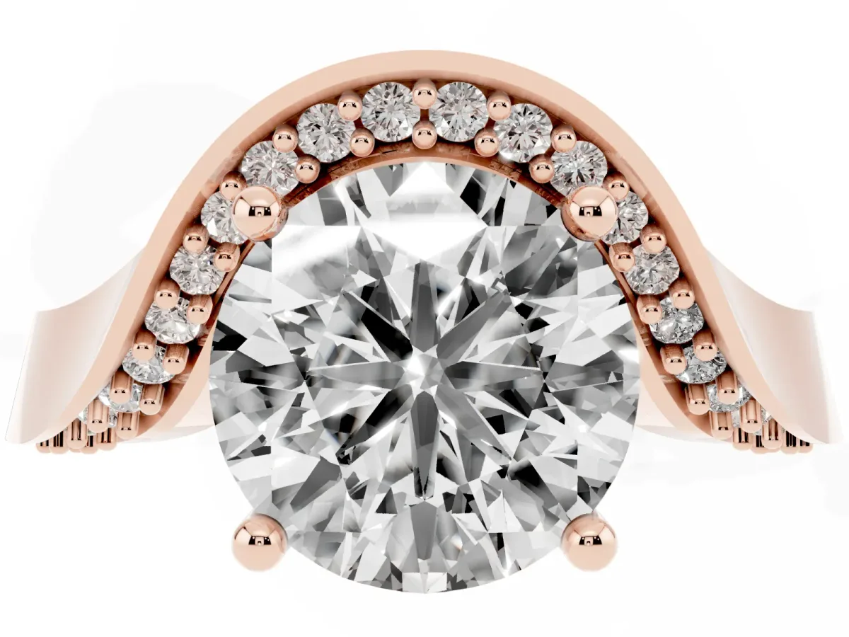 Round Cut Solitaire Diamond Engagement Ring with Pave Band and Four-Prong Setting Rose gold