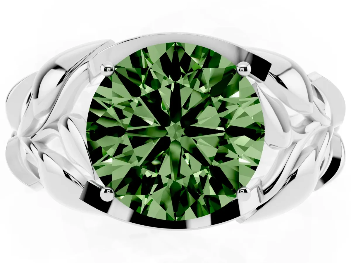 Fancy Green Round Cut Diamond Leaf-Inspired Engagement Ring with Round Accents and Prong Setting White gold