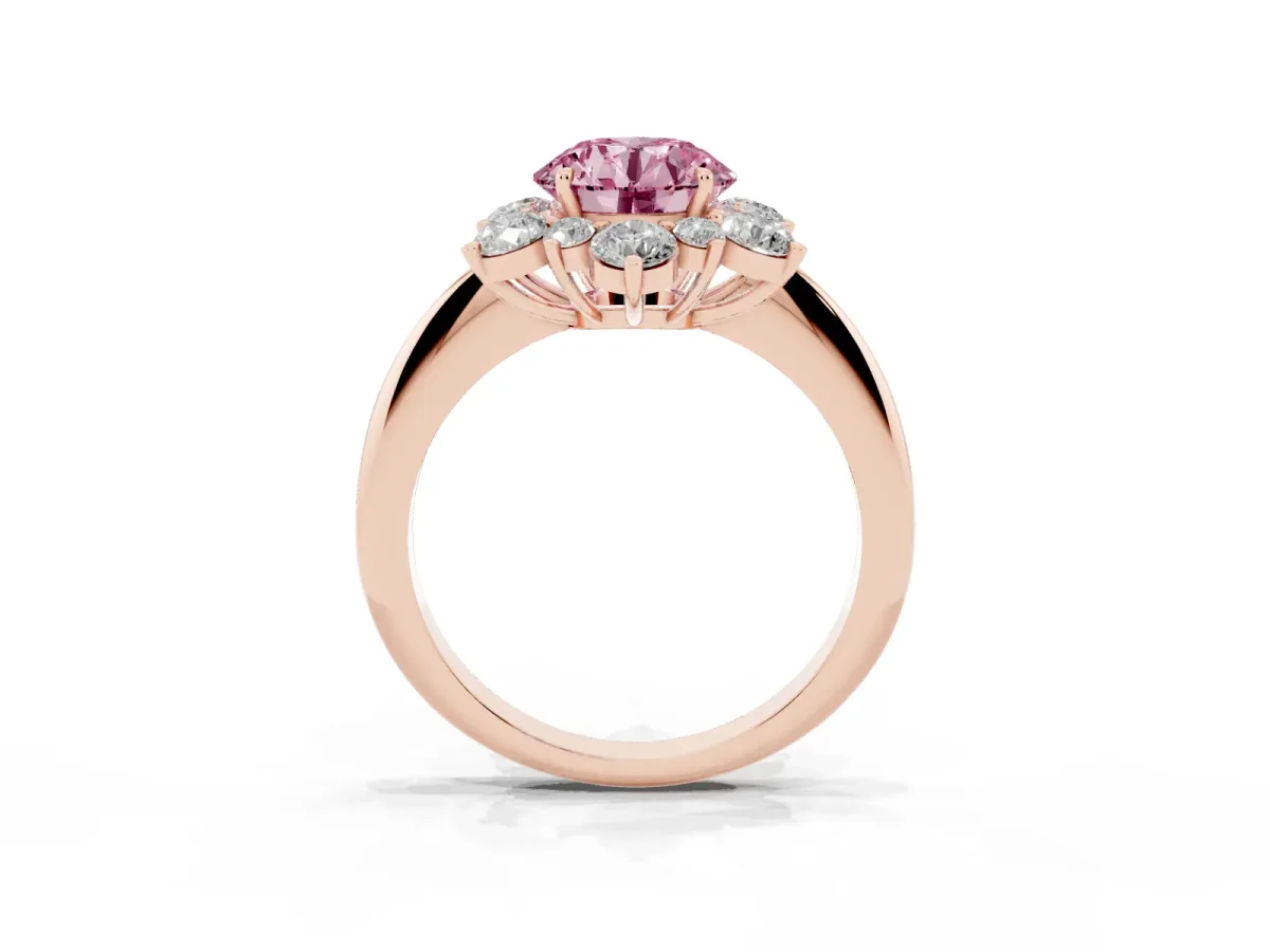 Fancy Pink Round Cut Diamond Cluster Halo Ring with Solitaire Band and Four-Prong Setting Rose gold