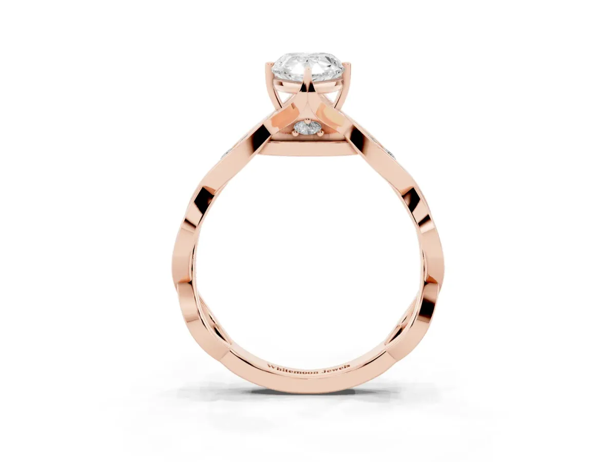 Pear Cut Solitaire Twist Band with Leaf Prong Setting Rose gold