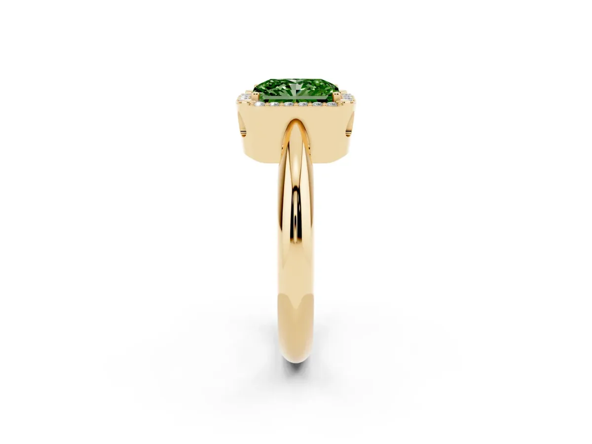 Fancy Green Radiant Cut Cut Diamond Halo Engagement Ring with Split Shank and Four-Prong Setting Yellow gold