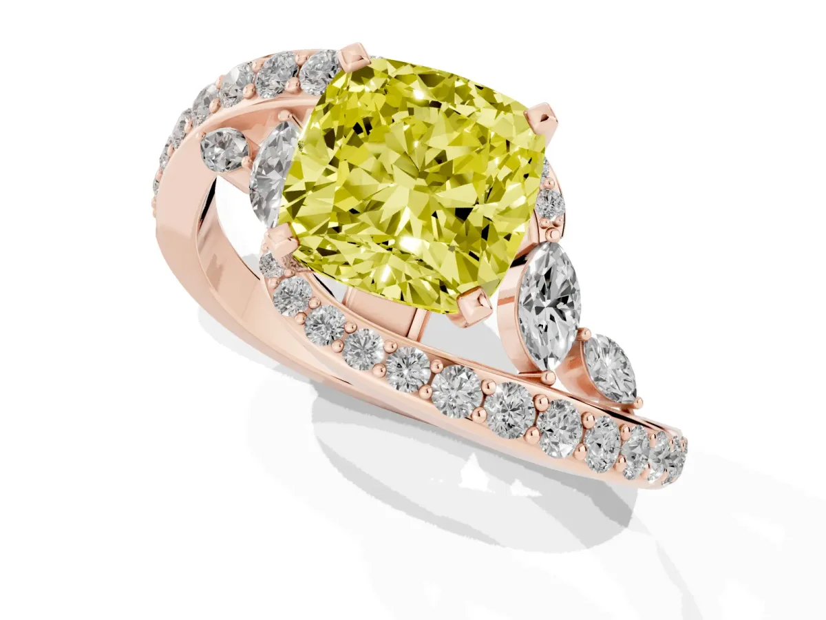 Fancy Yellow Cushion Cut Diamond Solitaire Ring with Filigree Band and Four-Prong Setting Rose gold