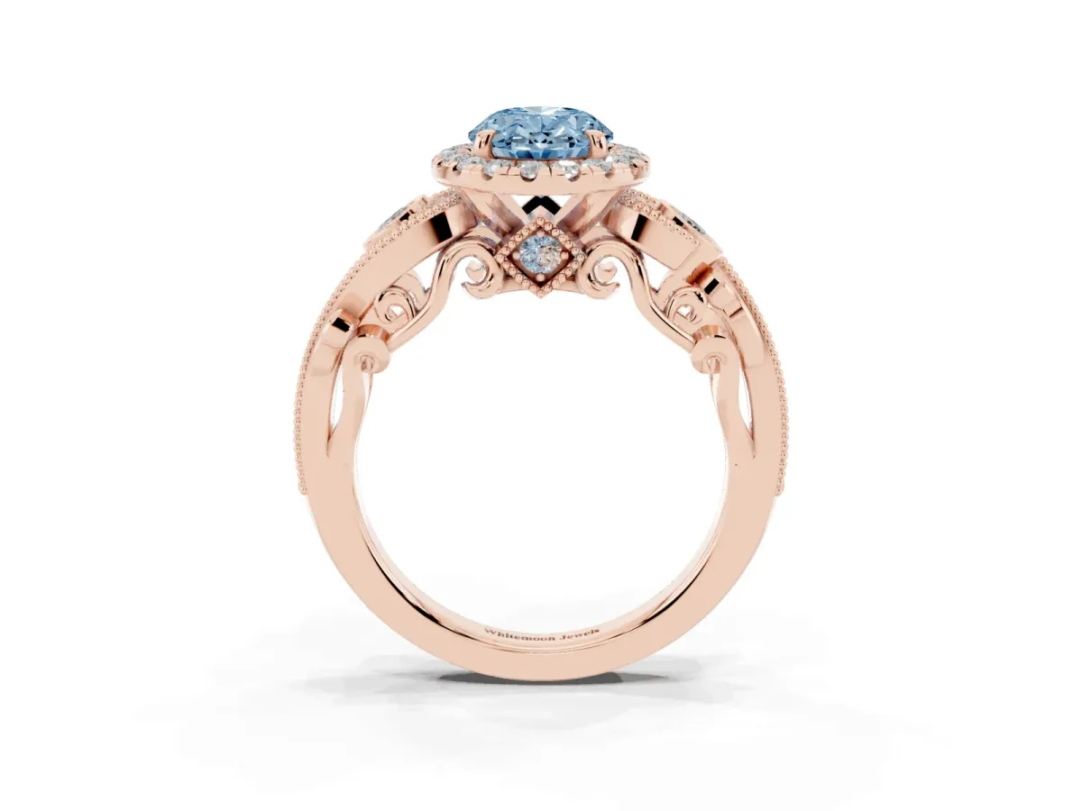 Fancy Blue Oval Cut Diamond Halo Ring with Milgrain Pavé Band and Four-Prong Setting Rose gold