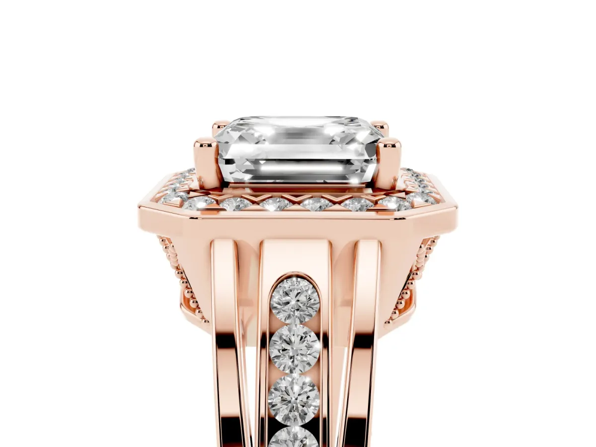 Asscher Cut Diamond Halo Ring with Split Shank and Bezel Accents and Prong Setting Rose gold
